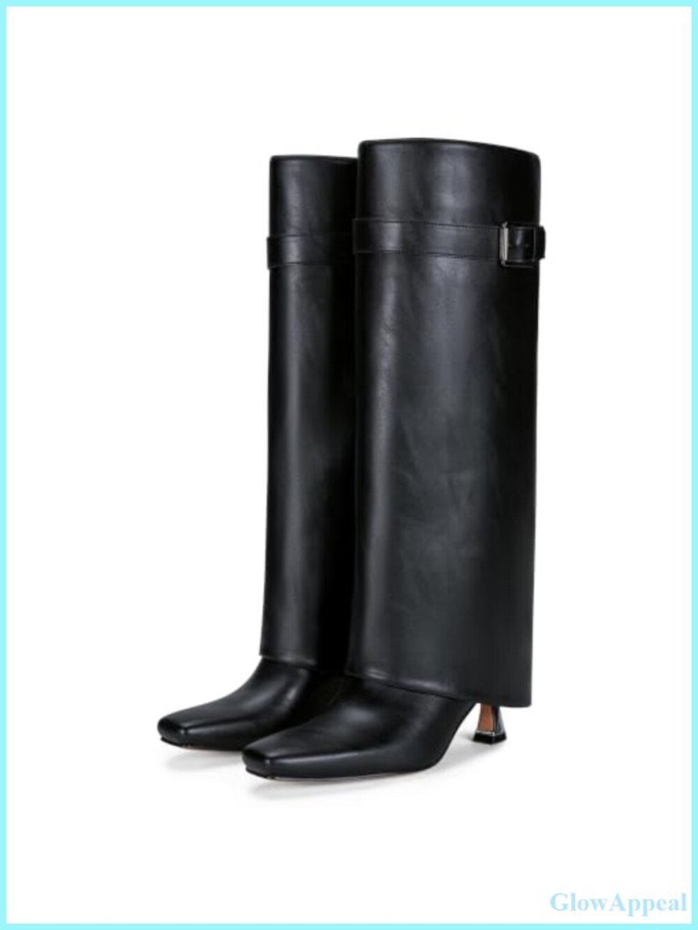 Fold Over Knee High Boots Square Toe Kitten Heel Faux Leather